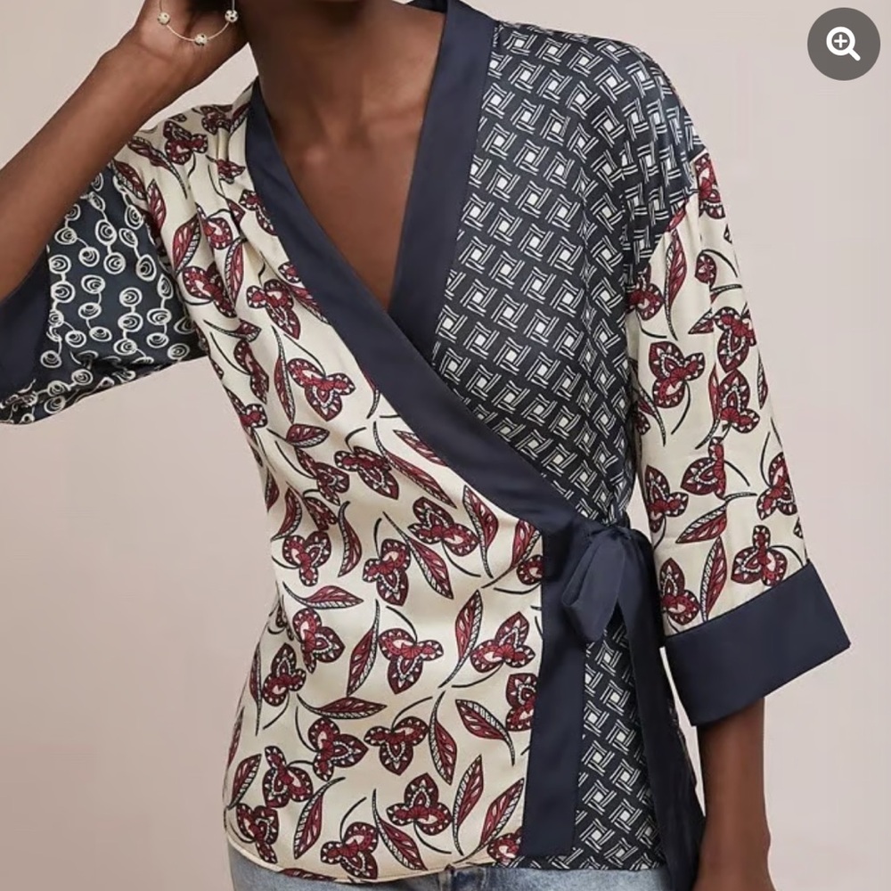 Anthropologie Navy, Cream & Burgundy Mixed-Print Wrap Blouse